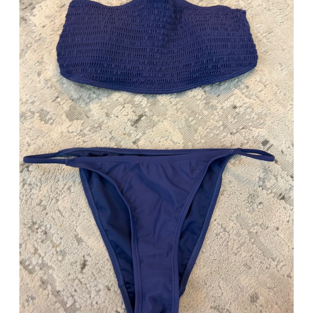 Cabana del Sol Womens Navy Blue Smocked Bandeau Bikini Set Two Piece Large